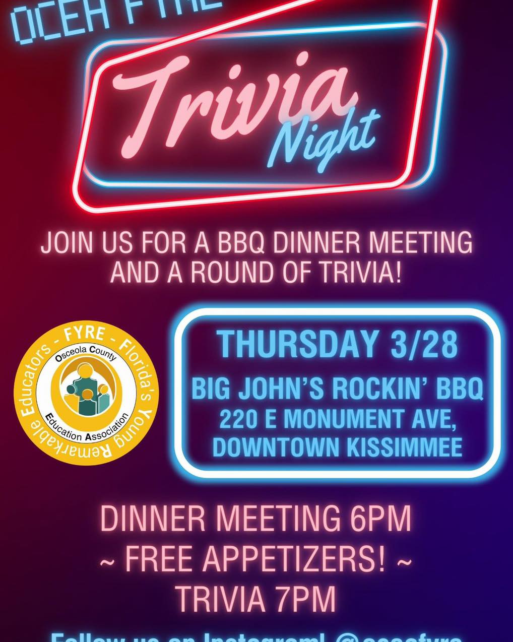 Join OCEA FYRE for a BBQ Dinner meeting and a round of trivia at Big John's Rockin' BBQ. 