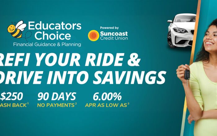 Refinance your auto loan with Suncoast Credit Union for lower rates, $250 cash back, and 90 days no payments. ​