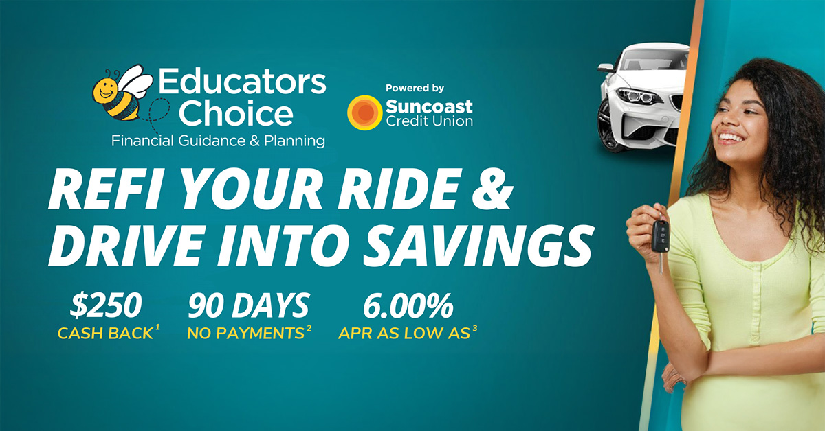 Refinance your auto loan with Suncoast Credit Union for lower rates, $250 cash back, and 90 days no payments. ​