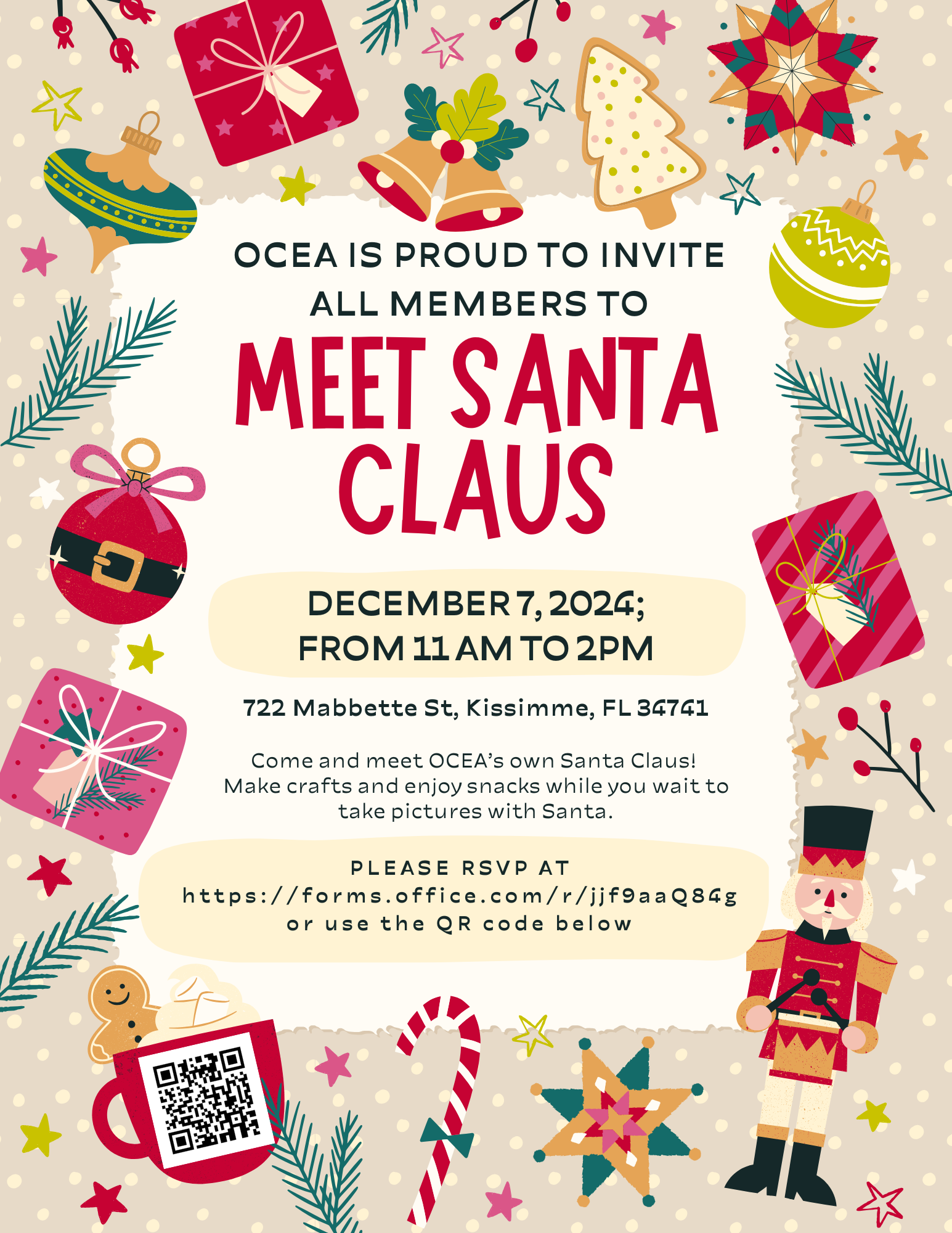 OCEA is proud to invite all members to meet Santa Claus. Join us at the OCEA office to make crafts and enjoy snacks while you wait to take pictures with Santa.