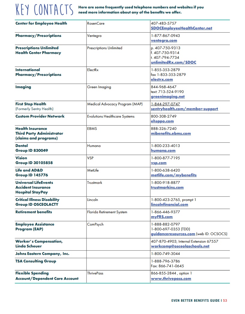 Key Health Contacts for Osceola School District Employees.