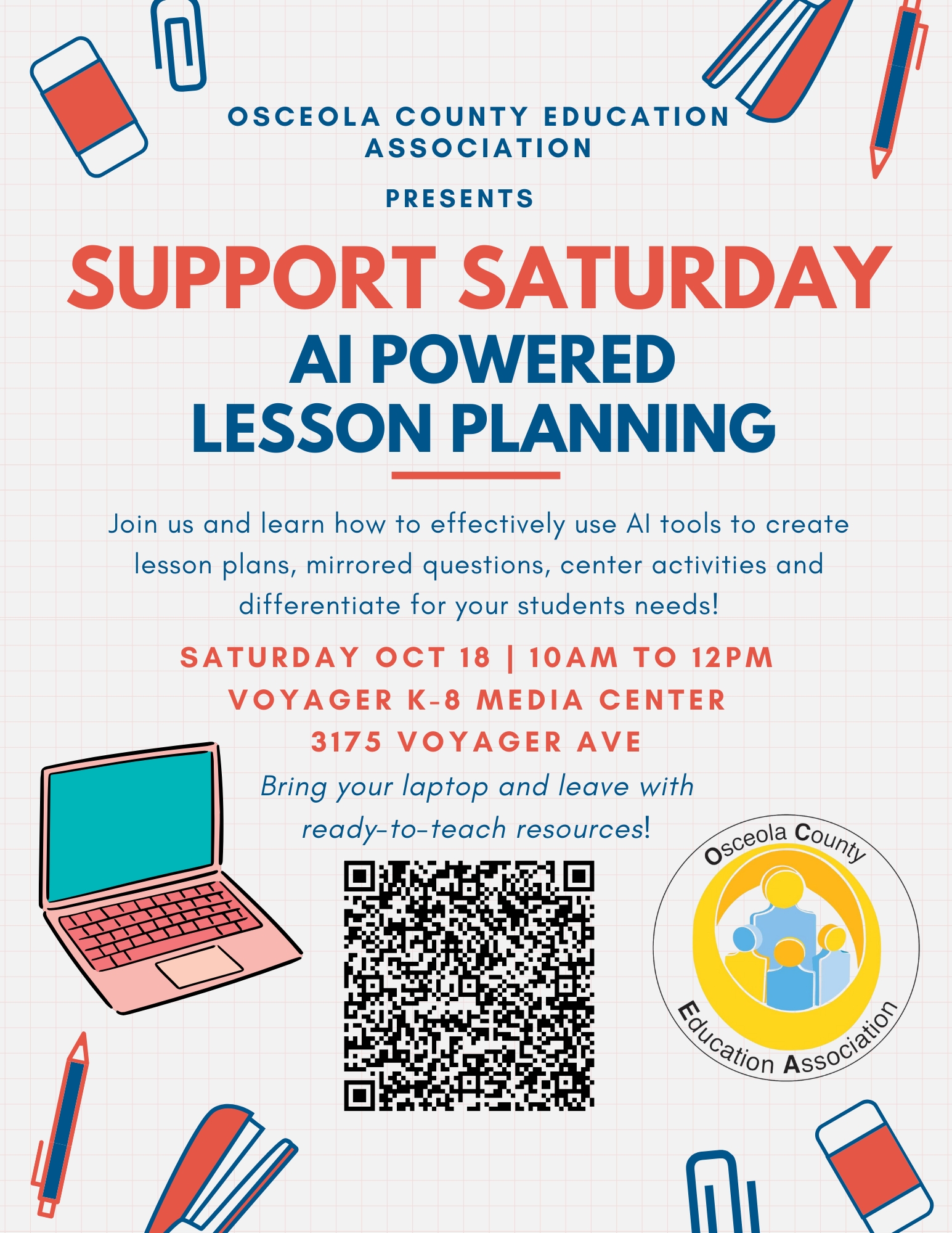 Join us for Support Saturday on Oct 18, 10 AM to 12 PM at Voyager K-8. Learn to use AI tools for lesson planning!