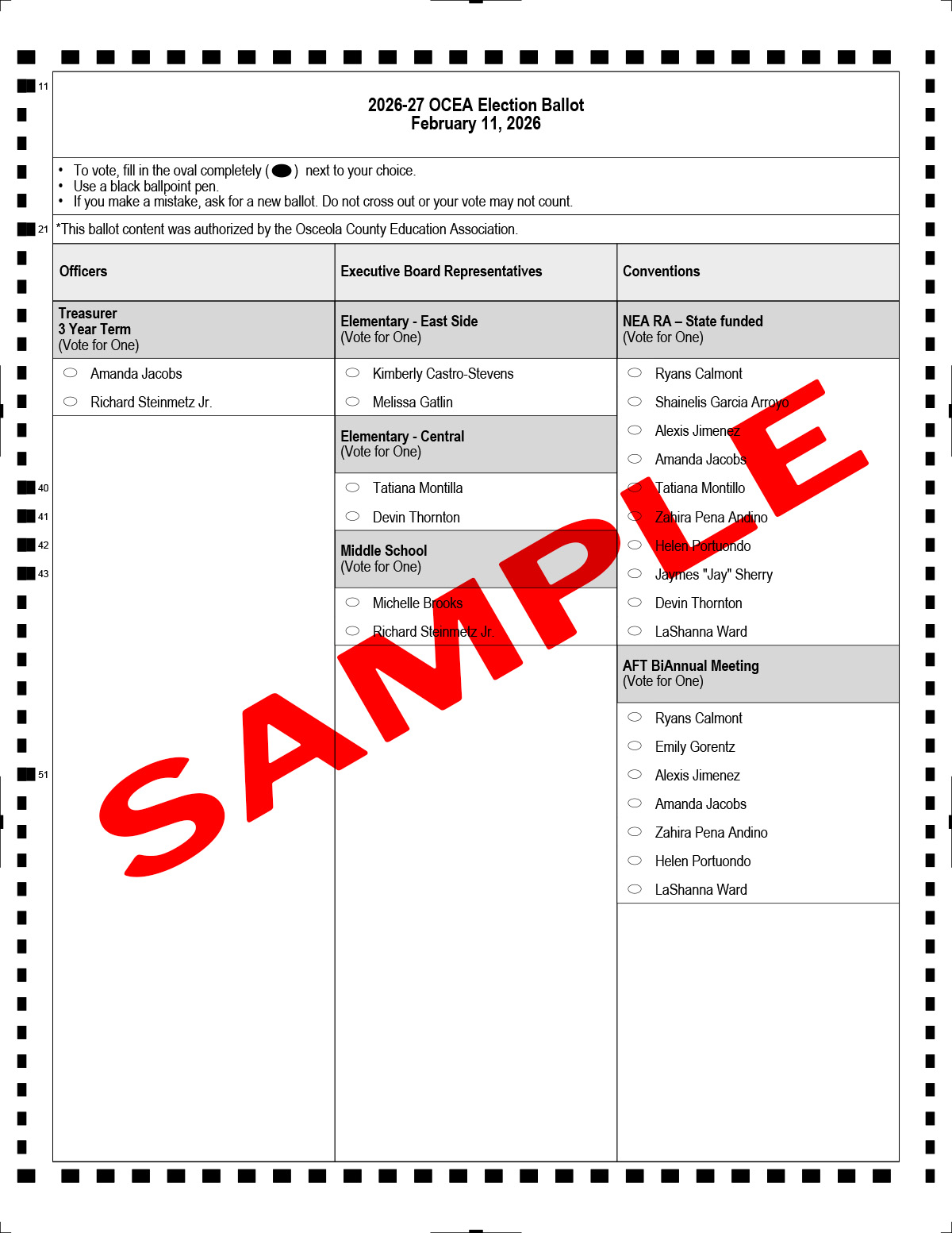 OCEA Sample Ballot screenshot with the red word "Sample" across the image.