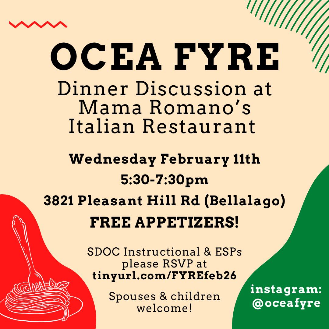 Join us for a FREE dinner discussion at Mama Romano's! Connect with fellow educators and enjoy delicious appetizers—spouses & kids welcome!