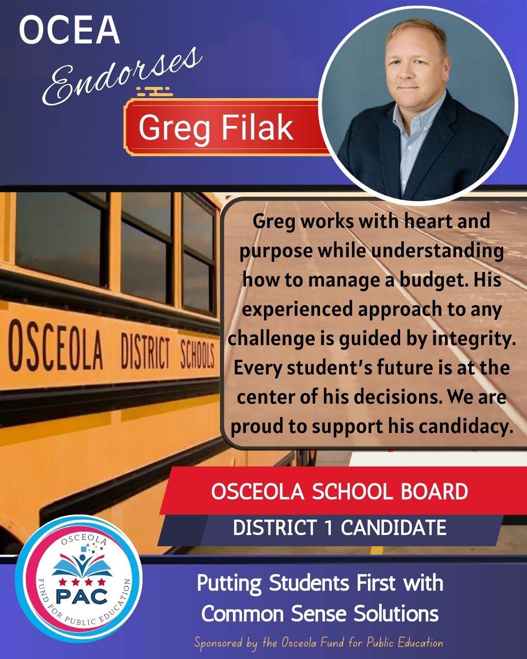 OCEA Endorses Greg Filak, District 1 Candidate