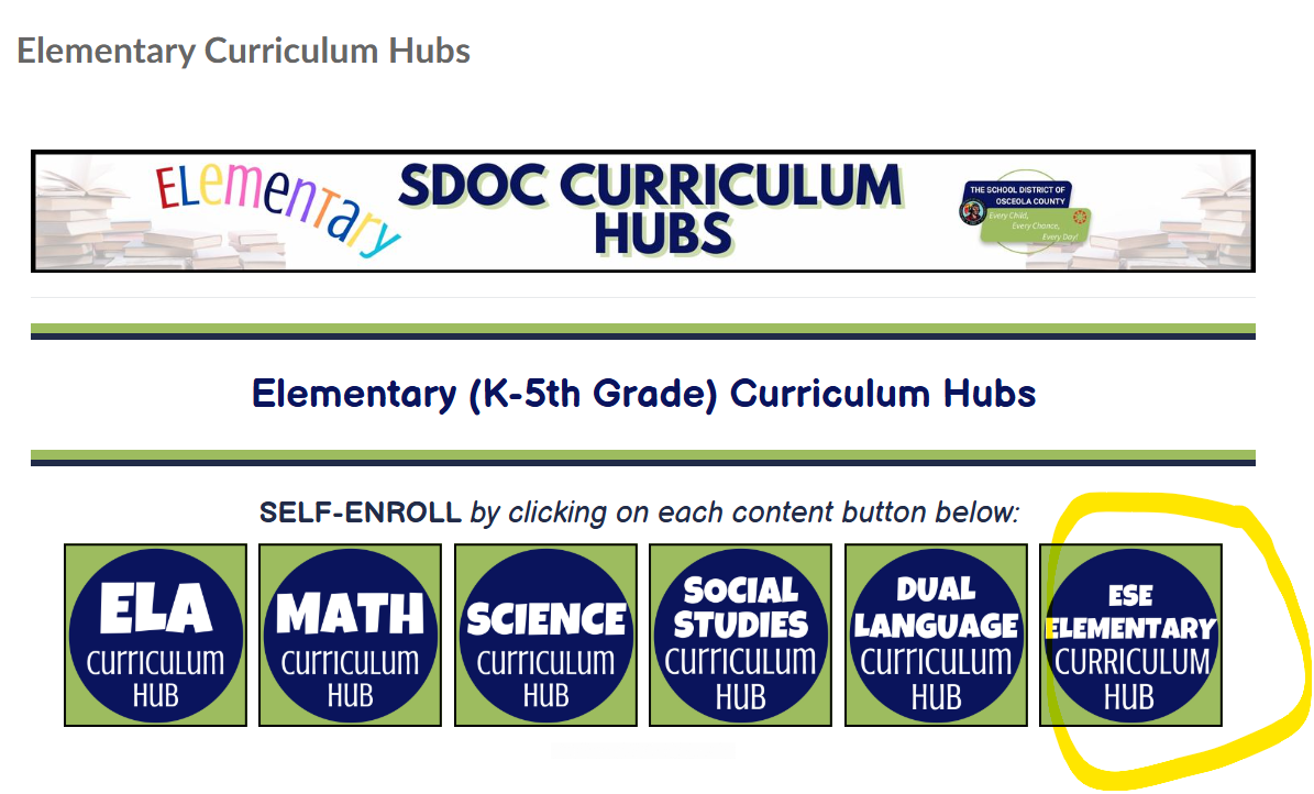 Screenshot demonstrating where to click for Elementary Curriculum Hub.