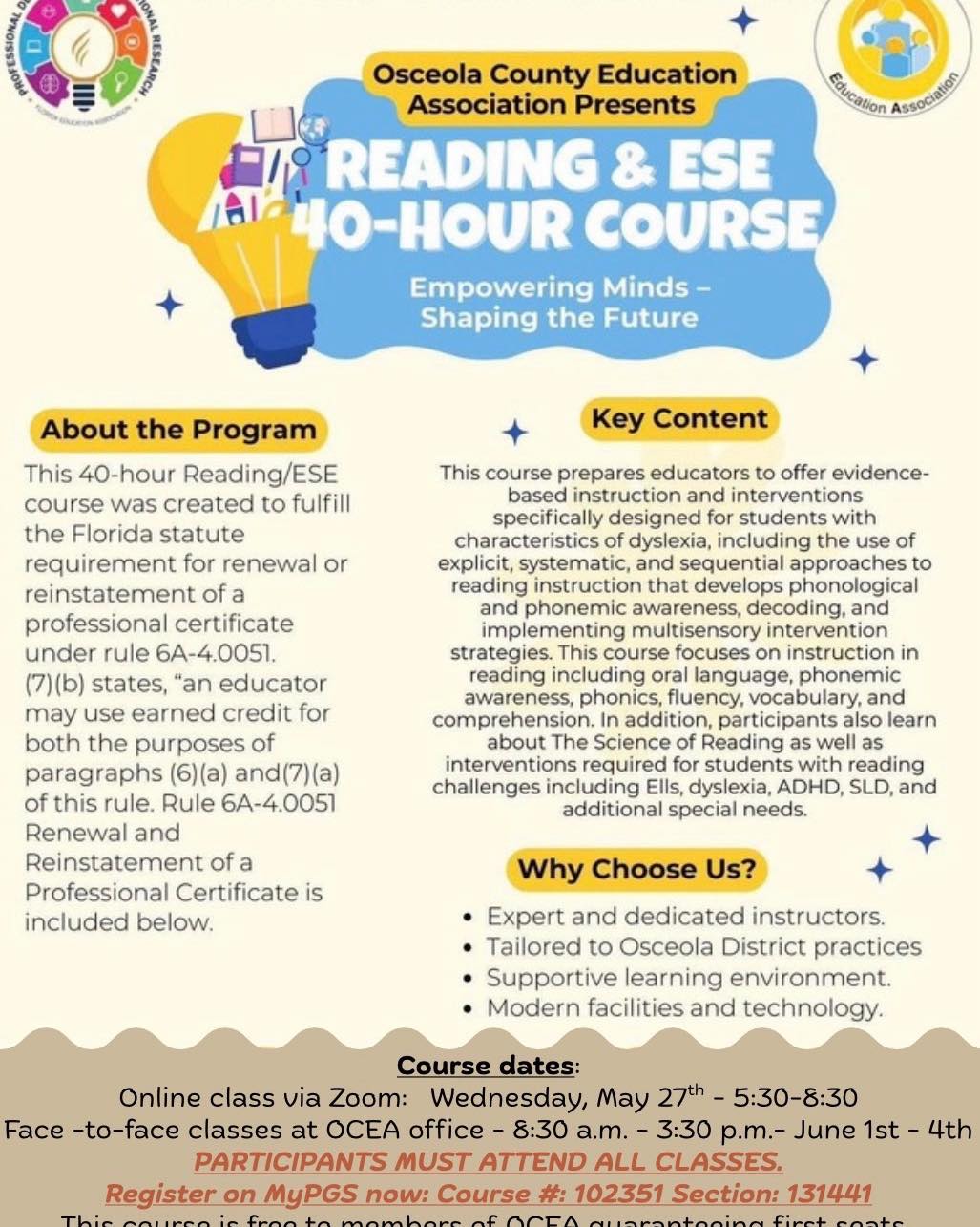 Summer ESE Course Join our 40-hour Reading & ESE course to empower educators with the skills to support students with reading challenges. Register now!