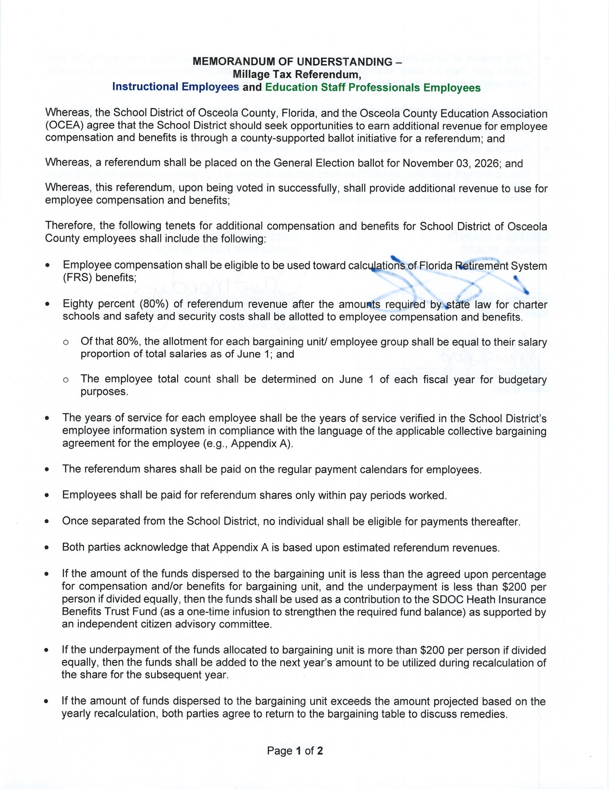 MOU Page 1 for the Millage referendum