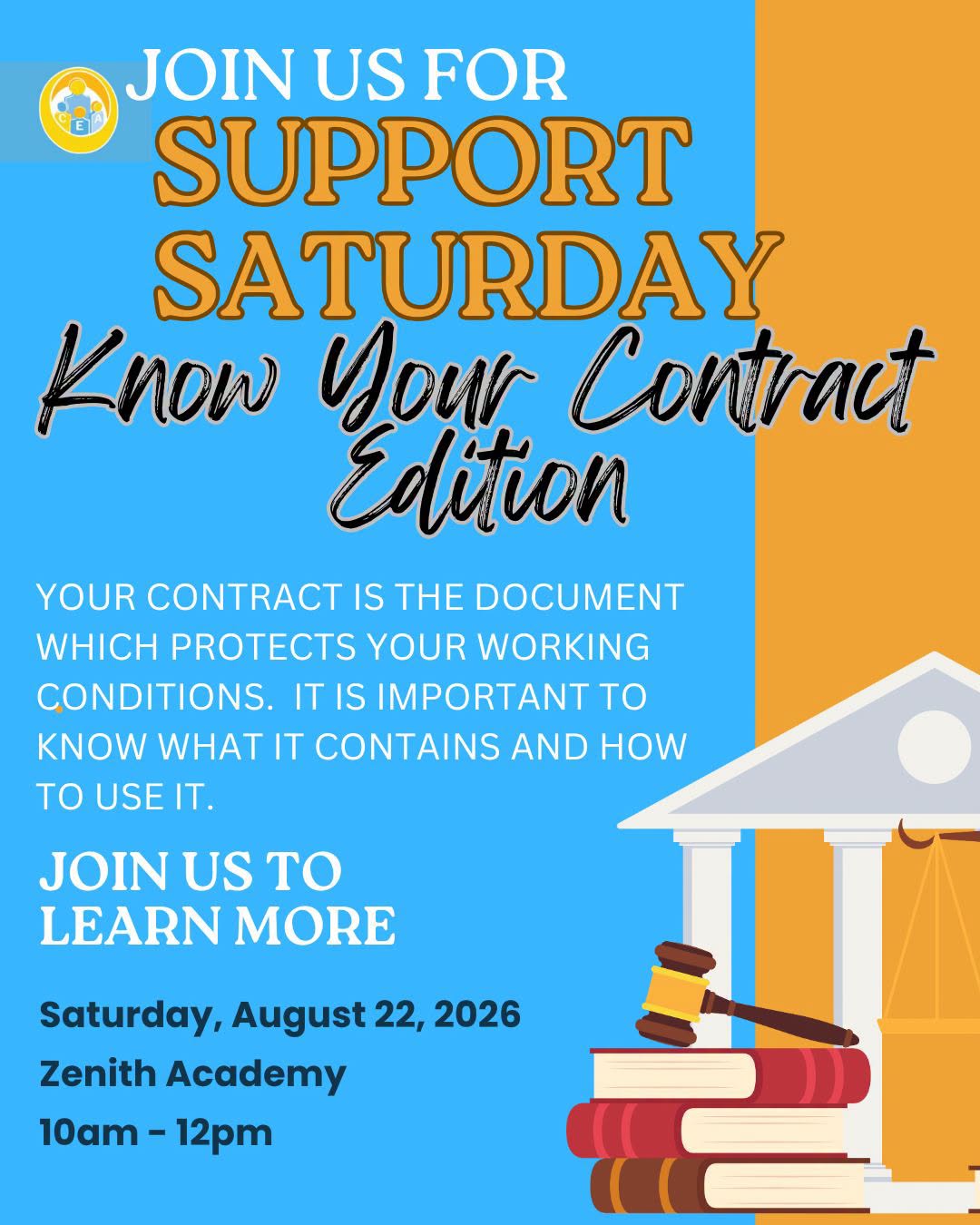 Support Saturday flyer. Know your contract at OCEA Support Saturday! Join us for essential insights, union support, and light snacks.
